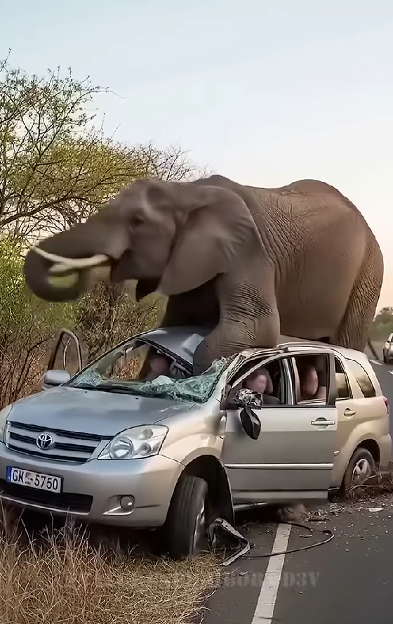 “Trapped Beneath the Weight of the Wild—The Heart-Stopping Moment an Elephant Confronted a Safari Vehicle on the Open Road, Leaving Passengers Frozen in Silence”